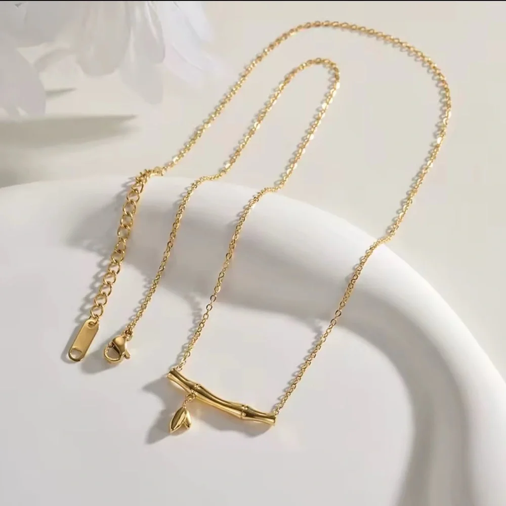 18K Gold Bamboo Reed With Lotus Blossom Accent Pendant Necklace Bohemian No Fade